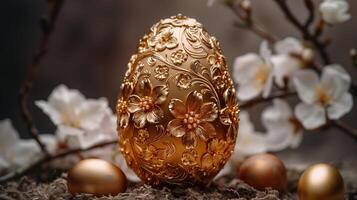 ai gegenereerd gouden Pasen ei met voorjaar bloemen Aan rustiek achtergrond. gelukkig Pasen. foto