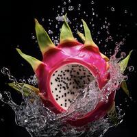 ai gegenereerd een draak fruit is spatten water foto