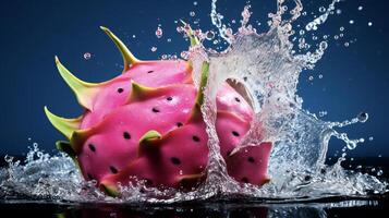 ai gegenereerd een draak fruit is spatten water foto