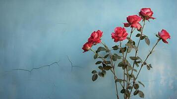 ai gegenereerd rood rozen tegen een blauw muur foto