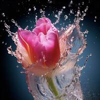 ai gegenereerd een roze tulp is spatten water in de lucht foto