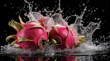 ai gegenereerd een draak fruit is spatten water foto