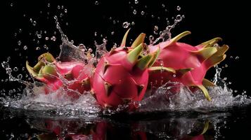 ai gegenereerd een draak fruit is spatten water foto