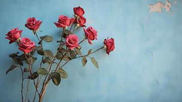 ai gegenereerd rood rozen tegen een blauw muur foto