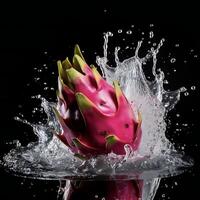 ai gegenereerd een draak fruit is spatten water foto