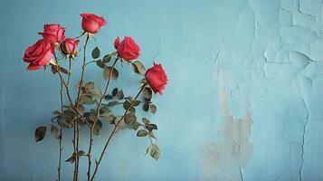 ai gegenereerd rood rozen tegen een blauw muur foto