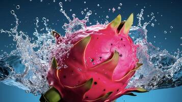 ai gegenereerd een draak fruit is spatten water foto