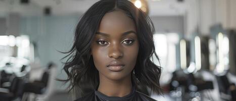 ai gegenereerd Afrikaanse Amerikaans model- vrouw met Rechtdoor golvend haar- in een modern salon interieur foto