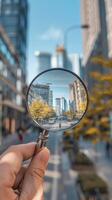 ai gegenereerd een modern stad visie door vergroten glas foto