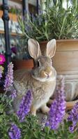 ai gegenereerd konijn in een gezond bloemen veld- foto
