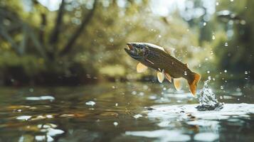 ai gegenereerd forel jumping uit van de water. visvangst concept foto