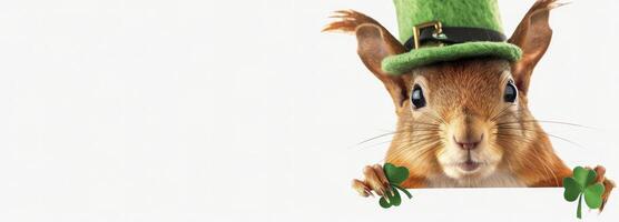 ai gegenereerd schattig gelukkig eekhoorn vervelend een Lucky groen hoed en Holding een spandoek. st Patrick dag concept foto