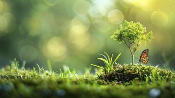 ai gegenereerd harmonie van natuur, boom bloeiend Aan aarde oppervlak, temidden van weelderig groen gras en vlinder. symboliseert wereld ecologie, milieu dag, aarde dag, en milieu behoud. foto