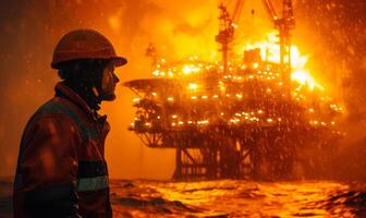 ai gegenereerd olie arbeider Aan offshore platform Bij nacht foto