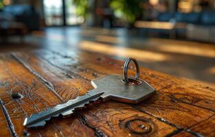 ai gegenereerd sleutel is aan het liegen Aan houten tafel in hotel kamer. foto