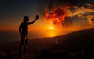 ai gegenereerd Mens gooit vuurbol van berg Bij zonsondergang foto