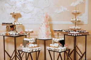 amandel koekjes, zoet cakes voor een bruiloft banket. een heerlijk ontvangst, een luxueus ceremonie. tafel met snoepgoed en desserts. heerlijk kleurrijk Frans desserts Aan een bord of tafel. snoep bar. foto