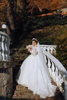 een brunette bruid in een wit jurk met een lang trein houdt de jurk en wandelingen naar beneden de steen pad. herfst. bruiloft foto sessie in natuur. mooi haar- en verzinnen. viering