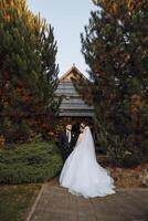 bruiloft paar Aan een wandelen in de herfst park. de bruid in een mooi wit jurk. liefde en verhouding concept. bruidegom en bruid in natuur buitenshuis foto