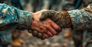 ai gegenereerd leger schudden handen, vrede onderhandelingen, einde van oorlog - ai gegenereerd beeld foto