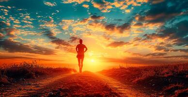 ai gegenereerd rennen Mens Bij zonsondergang, sport- joggen, gezond levensstijl - ai gegenereerd beeld foto