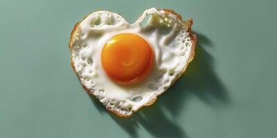 ai gegenereerd oprecht ontbijt, een hartvormig gebakken ei duurt centrum stadium tegen een levendig groen achtergrond foto