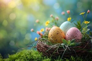 ai gegenereerd kleurrijk Pasen eieren versierd met patronen resting Aan levendig voorjaar gras temidden van wilde bloemen, badend in zonlicht foto