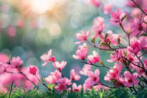 ai gegenereerd weelderig bloemen scènes presentatie van een verscheidenheid van bloesems in zacht, stralend licht met een bokeh achtergrond foto