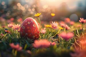 ai gegenereerd kleurrijk Pasen eieren versierd met patronen resting Aan levendig voorjaar gras temidden van wilde bloemen, badend in zonlicht foto