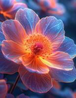ai gegenereerd een lichtgevend neon bloem straalt uit met levendig blauw en oranje tinten, presentatie van van de natuur elektriserend schoonheid. foto