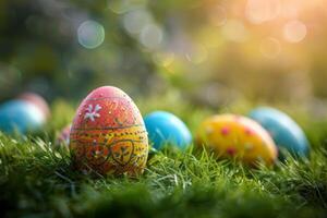 ai gegenereerd kleurrijk Pasen eieren versierd met patronen resting Aan levendig voorjaar gras temidden van wilde bloemen, badend in zonlicht foto