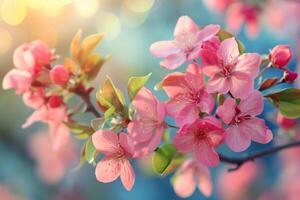 ai gegenereerd weelderig bloemen scènes presentatie van een verscheidenheid van bloesems in zacht, stralend licht met een bokeh achtergrond foto