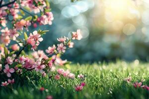 ai gegenereerd weelderig bloemen scènes presentatie van een verscheidenheid van bloesems in zacht, stralend licht met een bokeh achtergrond foto