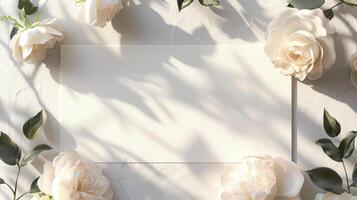 ai gegenereerd wit uitnodiging kaart voor bruiloft, verjaardag, verjaardag of andere vakantie. wit blanco papier en rozen plat leggen. boho stijl mockup Aan roze pastel achtergrond. foto