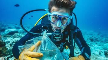 ai gegenereerd scuba duiker verzamelen plastic in de oceaan foto