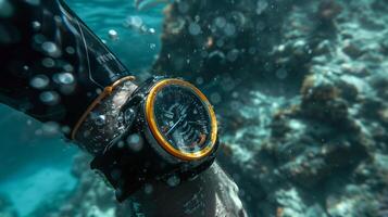 ai gegenereerd een scuba duiker vervelend een duiken computer Aan zijn pols onderwater- foto