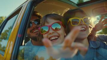 ai gegenereerd een schattig 5 jaar oud kind en hun ouders ging Aan een zomer reis in auto foto