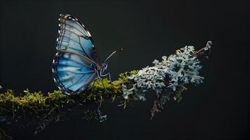 ai gegenereerd blauw Morpho vlinder neergestreken Aan bemost Afdeling tegen dramatisch zwart achtergrond, naar voorzien een boeiend en hoge kwaliteit beeld van een blauw Morpho foto