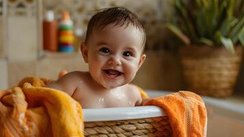 ai gegenereerd schattig baby in oranje handdoek, glimlachen en omringd door wasserij mand in modern badkamer foto