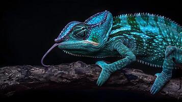 ai gegenereerd levendig blauw en groen kameleon uitbreiden haar tong, naar voorzien een hoge kwaliteit en realistisch voorraad foto van een levendig blauw en groen kameleon