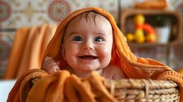ai gegenereerd schattig baby in oranje handdoek, tevredenheid na bad tijd foto