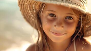 ai gegenereerd zonnig dag Bij de strand een schattig meisje in een rietje hoed, naar overbrengen een gevoel van vreugde, geluk, en ontspanning in een zonnig strand instelling, perfect voor foto