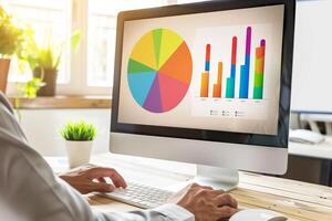 ai gegenereerd zakenman gebruik makend van bureaublad computer met digitaal diagram financiën handel voorraad in kantoor. foto