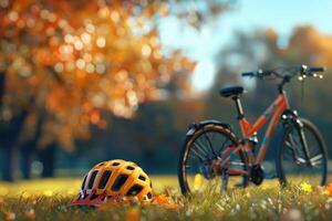 ai gegenereerd helm en fiets in de concept van rijden Fietsen in de park foto