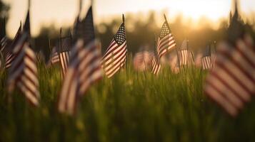 ai gegenereerd Amerikaans vlaggen in een veld- Bij zonsondergang foto