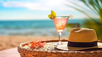 ai gegenereerd een rietje hoed en drinken Aan een tafel in de buurt de strand foto