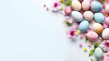 ai gegenereerd kleurrijk Pasen eieren en bloemen Aan wit achtergrond foto