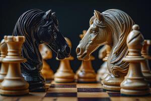 ai gegenereerd twee schaak ridders gezicht elk andere in een gespannen moment Aan de schaakbord foto