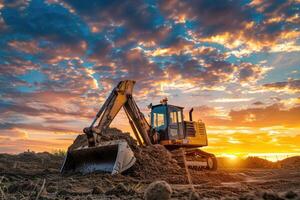 ai gegenereerd graver Aan bouw plaats in de achtergrond Bij zonsondergang foto