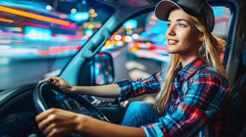 ai gegenereerd gelukkig vrouw vrachtauto bestuurder het rijden groot vrachtauto met stad achtergrond kopiëren ruimte voor tekst foto